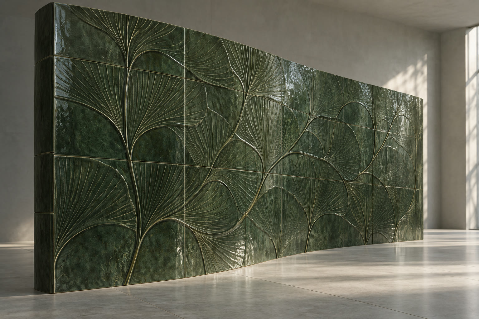 Deep green ceramic tiles with raised branching botanical veins