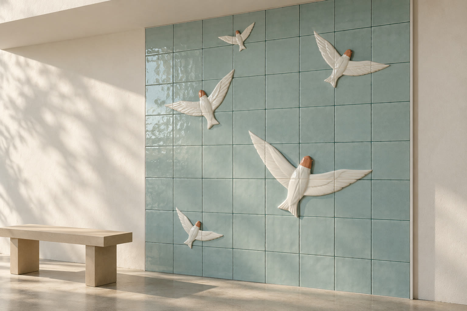 Rendered tiled mural of stylised birds crossing an ivory ceramic wall