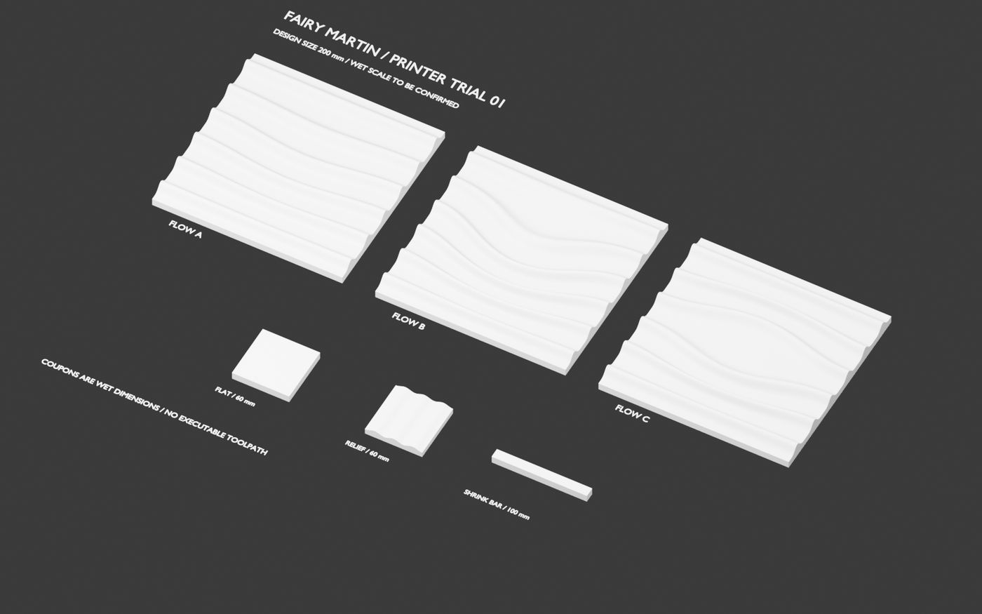 Three white 200 mm relief tiles and three small test coupons laid out flat on a dark background