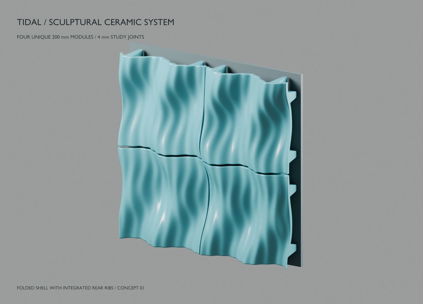 Four teal ceramic tiles with deep flowing folds forming a square panel, with rear ribs visible at the edge