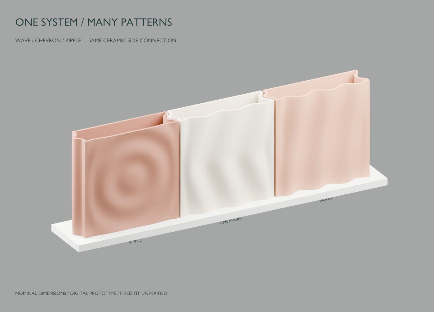 Three hollow tiles side by side on a base, with ripple, chevron and wave fronts joined by matching tongue-and-recess side edges