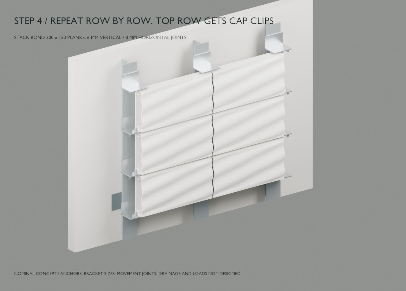 Three rows of white wave-relief plank tiles in stack bond on vertical rails, with bent sheet clips at each joint and cap clips along the top