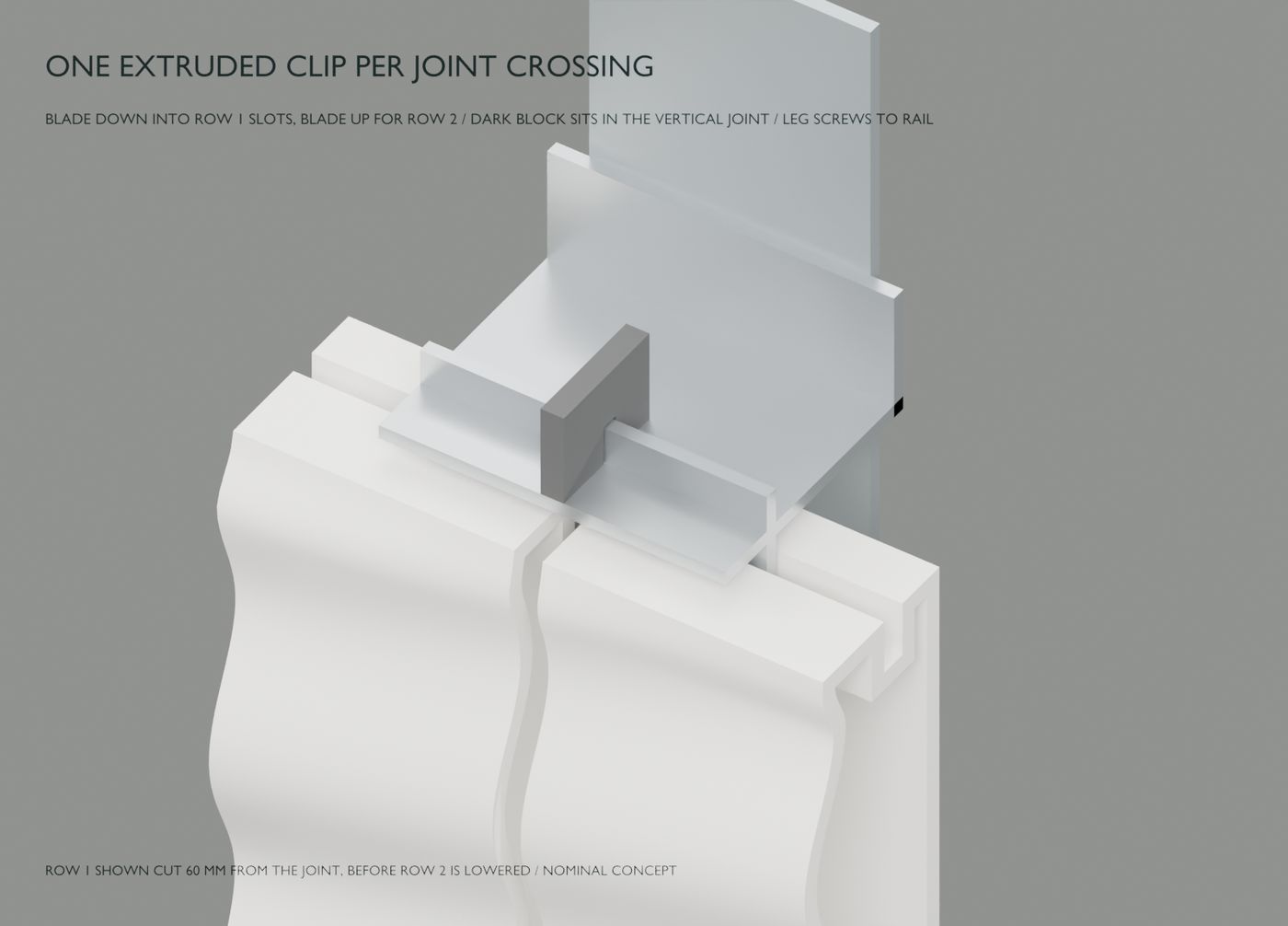 An extruded aluminium clip screwed to a vertical rail, its blade in the top slots of two white tiles and a dark block in the vertical joint