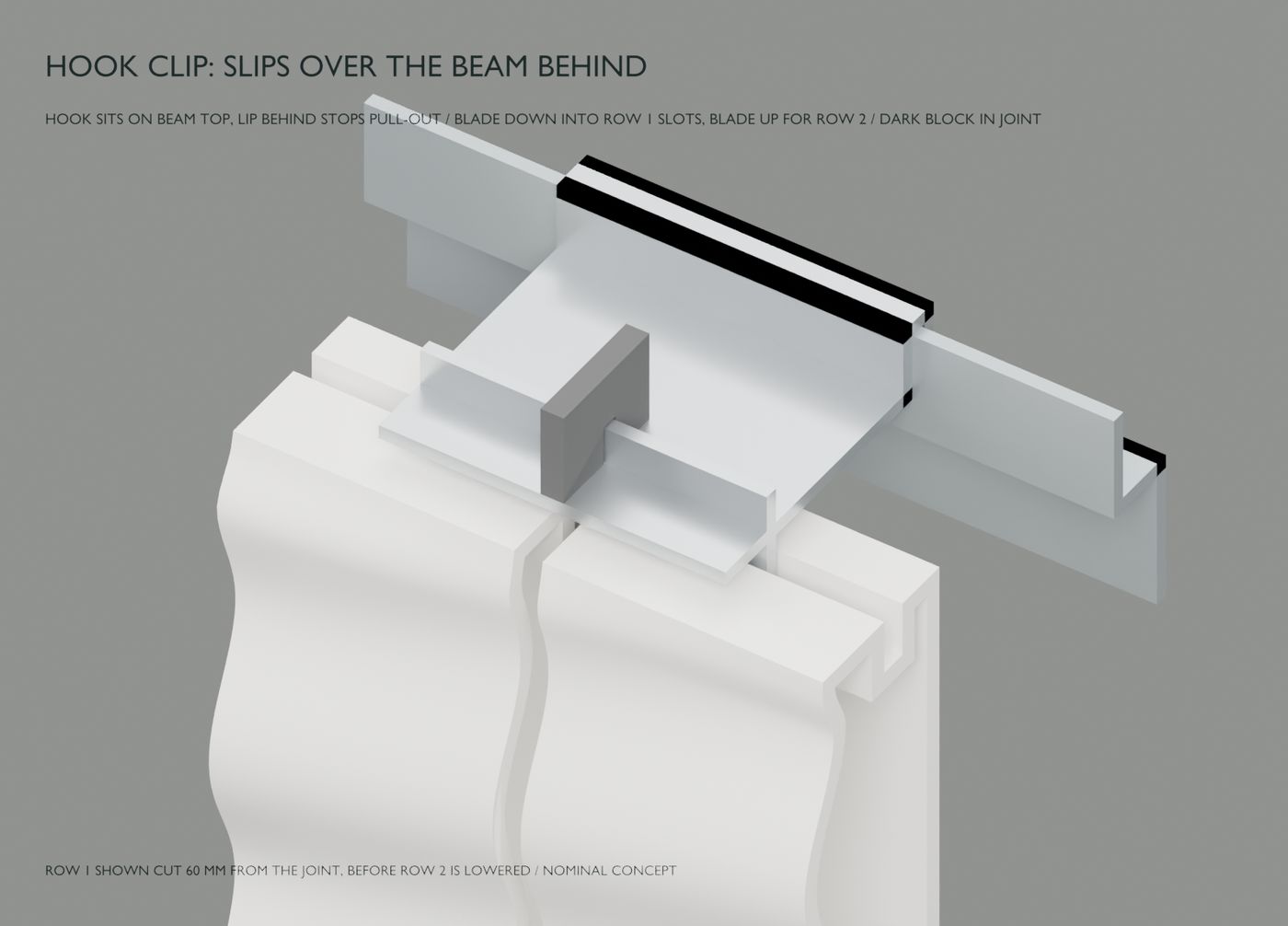 An aluminium clip hooked over a horizontal beam, its lower blade dropped into the top slots of two white wave-relief tiles, with a dark soft block standing in the joint between them