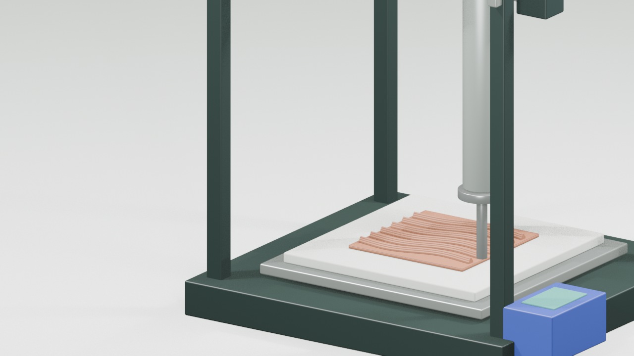A representative 3D clay printer with a completed wave-relief tile on its bed