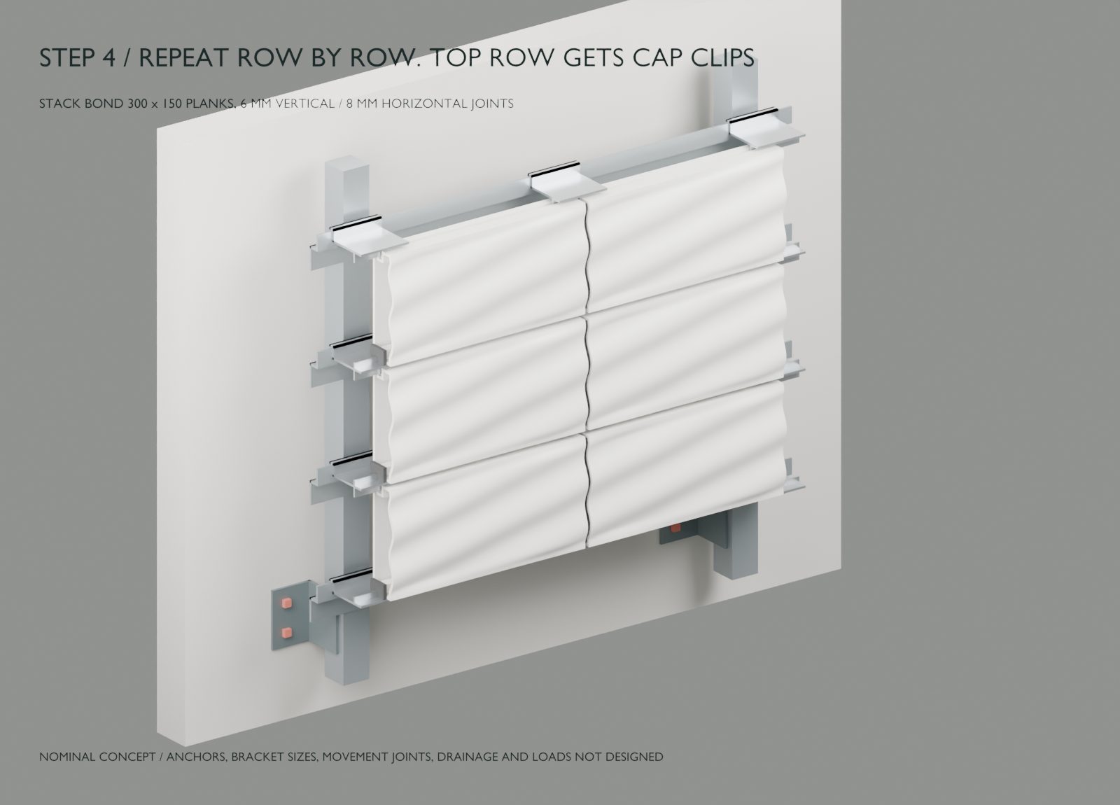 Rendered concept view of the finished six-tile wall on its frame: wave-relief ceramic planks in two columns and three rows, hung on clips over horizontal aluminium beams, with posts and a bracket on two chemical anchors visible at the lower corners. Caption text in the image reads: Step 4, repeat row by row, top row gets cap clips.