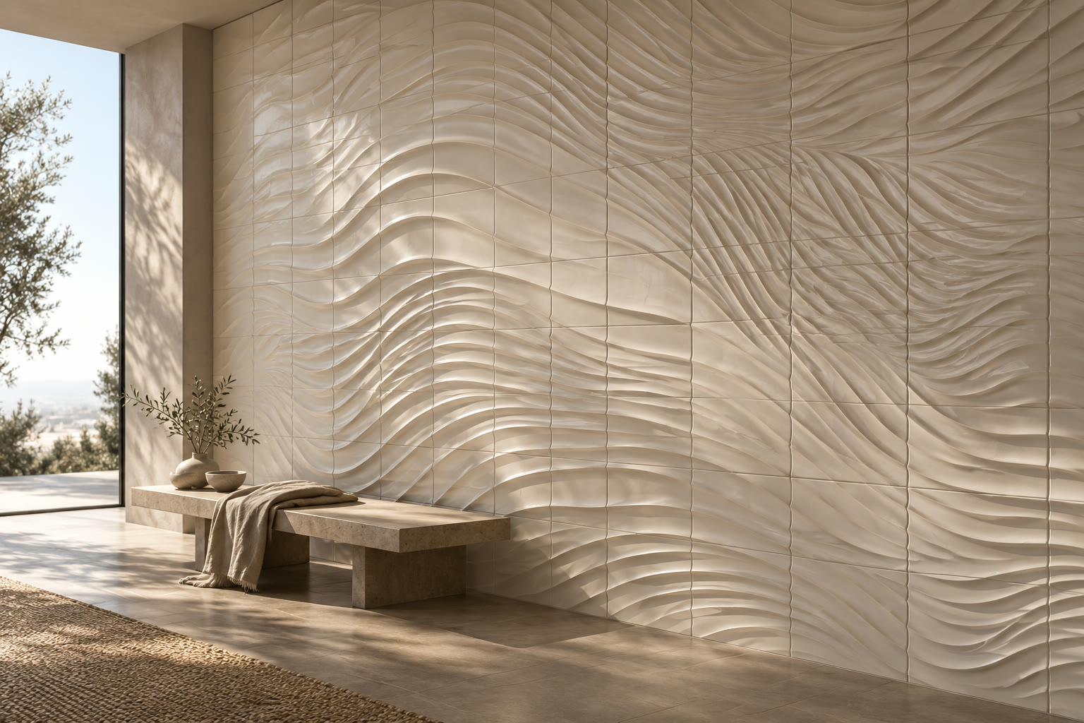 Ivory ceramic wall concept with flowing ocean-inspired wave relief